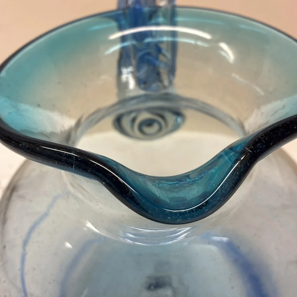 Hand Blown Blue Swirl Pitcher W/ Applied Handle Elegant Blue Glass Pitcher